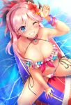 1girl alternate_costume asymmetrical_hair bikini blue_eyes bracelet breasts collarbone earrings fate/grand_order fate_(series) flower hair_flower hair_ornament highres jewelry large_breasts leaf_print looking_at_viewer magatama magatama_necklace miyamoto_musashi_(fate/grand_order) multicolored multicolored_bikini multicolored_clothes navel one_eye_closed pink_hair ponytail red_flower samoore side-tie_bikini sitting smile solo storms_and_waves surfboard swimsuit 