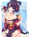  1girl :q animal bangs bare_shoulders blush bow braid breasts checkered checkered_bow cleavage closed_mouth collarbone commentary_request fan fate/grand_order fate_(series) hair_bobbles hair_bun hair_ornament hands_up head_tilt highres holding holding_fan holding_spoon japanese_clothes katsushika_hokusai_(fate/grand_order) kimono ko_yu looking_at_viewer medium_breasts obi octopus off_shoulder paper_fan purple_hair purple_kimono sash shaved_ice side_bun sitting smile solo spoon tongue tongue_out violet_eyes wariza 