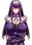  1girl belt breast_hold breasts cleavage closed_eyes commission crossed_arms dress facing_viewer habit highres huge_breasts jewelry kayamayukihiro long_hair necklace original purple_dress purple_hair solo standing upper_body white_background white_headband 