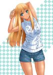  1girl aqua_eyes arm_behind_head blonde_hair blush chiro commentary_request cowboy_shot earrings eyebrows_visible_through_hair frown jewelry long_hair original ribbed_sweater short_shorts shorts simple_background solo sweater tan white_sweater 