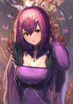  1girl :o arm_up bangs beads blurry blurry_background blush breasts collarbone commentary depth_of_field detached_collar dress eyebrows_visible_through_hair fate/grand_order fate_(series) flower fur-trimmed_dress gem glint hair_between_eyes hand_in_hair head_tilt headpiece highres large_breasts long_hair long_sleeves looking_at_viewer moonandmist purple_dress purple_hair red_eyes red_flower runes scathach_(fate)_(all) scathach_skadi_(fate/grand_order) shiny shiny_hair sidelocks solo taut_clothes taut_dress upper_body 