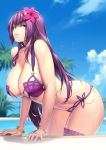  1girl alternate_costume bangs bikini blue_sky bracelet breasts brown_eyes chains cleavage closed_mouth clouds cloudy_sky collarbone day eyebrows_visible_through_hair fate/grand_order fate_(series) flower hair_between_eyes hair_flower hair_ornament hakai_shin hibiscus highres huge_breasts jewelry long_hair looking_at_viewer navel outdoors pool purple_bikini purple_hair purple_sarong red_eyes sarong scathach_(fate)_(all) scathach_(fate/grand_order) scathach_(swimsuit_assassin)_(fate) skindentation sky smile solo standing swimsuit water wet 