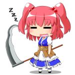  1girl :d =_= blush breasts chibi dress drooling eyebrows_visible_through_hair full_body hair_bobbles hair_ornament hinotama_(hinotama422) holding holding_scythe holding_weapon medium_breasts obi onozuka_komachi open_mouth pink_hair puffy_short_sleeves puffy_sleeves saliva sash scythe short_sleeves simple_background sleeping sleeping_upright smile solo standing touhou two_side_up weapon white_background zzz 