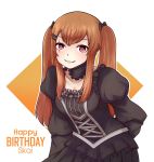  1girl :3 alternate_costume arm_at_side bangs black_bow black_dress black_skirt bow breasts brown_eyes brown_hair cleavage collarbone detached_collar dress frilled_dress frills gift_art girls_frontline hair_bow hair_ornament hairclip happy_birthday highres jacket jacy long_hair looking_at_viewer medium_breasts pleated_skirt puffy_sleeves red_eyes scar scar_across_eye shirt sidelocks simple_background skirt smile solo standing twintails ump9_(girls_frontline) white_background 