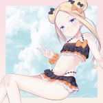  1girl abigail_williams_(fate/grand_order) bangs bare_shoulders bbci bikini black_bikini blonde_hair blue_eyes blue_sky blush bow closed_mouth clouds cloudy_sky commentary_request day double_bun emerald_float fate/grand_order fate_(series) groin hair_bow hand_up head_tilt highres long_hair looking_at_viewer navel orange_bow parted_bangs polka_dot polka_dot_bow side_bun sidelocks sitting sky smile solo swimsuit very_long_hair 