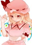  1girl arm_behind_back bangs blonde_hair blush commentary_request crystal dress eyebrows_visible_through_hair flandre_scarlet frilled_shirt_collar frills gotoh510 hair_between_eyes hand_up hat hat_ribbon highres long_hair mob_cap one_side_up pink_dress pink_hat pointy_ears puffy_short_sleeves puffy_sleeves red_eyes red_ribbon ribbon short_sleeves solo touhou upper_body white_sash wings 