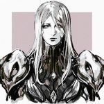  1girl armor bodysuit commentary english_commentary facing_viewer greyscale khora_(warframe) long_hair looking_at_viewer monochrome nvalkyrja shoulder_armor sidelocks solo standing warframe 