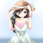  1girl alternate_hairstyle bangs bare_shoulders black_eyes black_hair blue_background brown_hat casual commentary dress eyes_visible_through_hair flower girls_und_panzer gradient gradient_background hair_flower hair_ornament hair_over_shoulder hands_on_headwear hat hat_flower hat_ribbon highres isuzu_hana light_smile long_hair looking_at_viewer off_shoulder omikuji_(6954) open_mouth pink_flower pink_rose pink_shirt ribbon rose shirt short_sleeves solo standing sun_hat upper_body white_dress white_ribbon wristband 