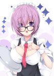  1girl :o bangs between_breasts black-framed_eyewear breasts cleavage eyebrows_visible_through_hair eyes_visible_through_hair fate/grand_order fate_(series) flying_sweatdrops glasses hair_over_one_eye hand_up holding holding_tray large_breasts looking_at_viewer mash_kyrielight milkpanda necktie necktie_between_breasts parted_lips purple_hair red_neckwear shirt short_sleeves solo sparkle tray violet_eyes white_shirt wrist_cuffs 
