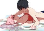  1boy 1girl artist_name bangs bikini bikini_top black_hair blue_eyes blush breast_press breasts chenaze57 chinese_commentary cleavage collarbone commentary_request couple darling_in_the_franxx eyebrows_visible_through_hair floating_hair green_eyes hand_holding hand_on_another&#039;s_arm hetero highres hiro_(darling_in_the_franxx) horns interlocked_fingers long_hair looking_at_another lying lying_on_person male_swimwear medium_breasts nail_polish no_panties on_back on_stomach oni_horns partially_submerged pink_hair red_bikini red_horns red_nails shirtless short_hair swim_trunks swimsuit swimwear water wet zero_two_(darling_in_the_franxx) 