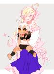  2girls :d ahoge bad_foot bare_shoulders barefoot black_hair blonde_hair blue_skirt blush brown_eyes creatures_(company) dark_skin game_freak gen_7_pokemon gradient_hair grey_background hair_between_eyes hair_ornament holding jewelry long_hair looking_at_viewer multicolored_hair multiple_girls necklace nintendo open_mouth pearl_necklace personification pokemon primarina short_twintails skirt smile star star_hair_ornament twintails very_long_hair white_hair yuzu_ichika 