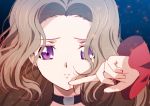  1girl bangs brown_hair choker closed_mouth code_geass creayus forehead hand_up long_sleeves looking_at_viewer m nunnally_lamperouge parted_bangs portrait sad solo violet_eyes 