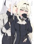  2girls ak-12_(girls_frontline) an-94_(girls_frontline) arm_around_waist bangs black_gloves blonde_hair blush closed_eyes ear_licking girls_frontline gloves green_eyes hand_holding highres licking long_hair long_sleeves multiple_girls ndgd partly_fingerless_gloves ponytail sketch tongue tongue_out white_background white_hair yuri 