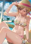  1girl :d absurdres adjusting_clothes adjusting_hat aiba_yumi arm_support armpit_peek bangs bare_arms beach_chair beach_umbrella belt between_breasts bikini bikini_top blonde_hair blush bracelet breasts bridge brown_eyes bsue bush cherry_blossoms cleavage clouds cloudy_sky collarbone daisy day earrings eyebrows_visible_through_hair eyelashes floral_print flower frilled_bikini frills front-tie_bikini front-tie_top groin hat hat_ribbon highres idolmaster idolmaster_cinderella_girls idolmaster_cinderella_girls_starlight_stage jewelry knees_up large_breasts looking_at_viewer midriff miniskirt navel one_eye_closed open_mouth outdoors palm_tree pendant petals petals_on_liquid pink_belt pink_ribbon pool poolside ribbon shiny shiny_skin short_hair single_sidelock sitting skirt sky smile solo star sun_hat sunlight swept_bangs swimsuit thighs tree umbrella under_umbrella white_bikini_top white_skirt 