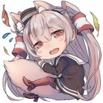  1girl :d amatsukaze_(kantai_collection) animal_ears bangs between_legs black_dress chibi commentary_request dress dyson_(edaokunnsaikouya) eyebrows_visible_through_hair fang flying_sweatdrops full_body hair_between_eyes hair_tubes hat head_tilt kantai_collection kemonomimi_mode leaf light_brown_hair long_hair long_sleeves looking_at_viewer looking_to_the_side mini_hat open_mouth red_legwear sailor_collar sailor_dress short_dress simple_background smile smokestack solo tail tail_between_legs tears thigh-highs two_side_up very_long_hair white_background white_sailor_collar windsock wolf_ears wolf_girl wolf_tail 