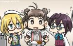  3girls ahoge antenna_hair black_hair blonde_hair blue-framed_eyewear book brown_hair commentary_request curry curry_rice dated double_bun flying_sweatdrops food glasses green_eyes hamu_koutarou hiei_(kantai_collection) highres i-8_(kantai_collection) kantai_collection multiple_girls naka_(kantai_collection) name_tag okinami_(kantai_collection) open_mouth red-framed_eyewear remodel_(kantai_collection) rice school_swimsuit short_hair sweat swimsuit takao_(kantai_collection) trembling 