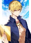  1boy bare_chest blonde_hair blue_shirt closed_mouth clouds earrings fate/stay_night fate_(series) gilgamesh highres holding jewelry looking_at_viewer male_focus necklace open_clothes open_shirt popped_collar pvc_parfait red_eyes shirt sky solo twitter_username 