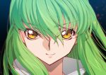  1girl bangs c.c. closed_mouth code_geass creayus eyebrows_visible_through_hair green_hair hair_between_eyes looking_at_viewer m portrait smile solo yellow_eyes 