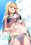  1girl absurdres baffu bangs bare_shoulders bikini blonde_hair blue_sky blush breasts cleavage closed_eyes clouds collarbone commentary_request earrings eyebrows_visible_through_hair from_below gem hair_between_eyes halterneck hand_on_own_stomach highres mythra_(xenoblade) jewelry large_breasts long_hair looking_at_viewer looking_down navel outdoors partially_submerged sky swept_bangs swimsuit tiara under_boob water white_bikini xenoblade_(series) xenoblade_2 yellow_eyes 