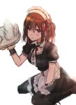  1girl alternate_costume apron bangs between_legs blush boots breasts brown_eyes brown_footwear brown_hair closed_mouth cross-laced_footwear enmaided frills hair_ornament hand_between_legs highres holding holding_tray kantai_collection knee_boots lace-up_boots looking_at_viewer maid maid_apron maid_headdress pantyhose puffy_short_sleeves puffy_sleeves remodel_(kantai_collection) rinto_(rint_rnt) sendai_(kantai_collection) short_hair short_sleeves simple_background sitting solo tray two_side_up wariza white_background wrist_cuffs 