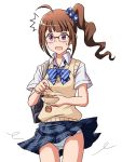  /\/\/\ 1girl ahoge bag bangs black-framed_eyewear blue_neckwear blue_panties blue_scrunchie blue_skirt blush bow bowtie brown_hair carrying commentary_request cowboy_shot crotch_seam dango dress_shirt drill_hair dropping food frown glasses gluteal_fold hair_ornament hair_scrunchie holding holding_food idolmaster idolmaster_million_live! lielos medium_hair miniskirt open_mouth over-rim_eyewear panties plaid plaid_skirt pleated_skirt school_bag scrunchie semi-rimless_eyewear shirt side_drill side_ponytail simple_background skirt skirt_lift solo standing star star_print sweatdrop sweater sweater_vest underwear v-shaped_eyebrows violet_eyes wagashi white_background white_shirt wind wind_lift yellow_sweater yokoyama_nao 