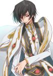  1boy black_hair cape code_geass creayus eyebrows_visible_through_hair lelouch_lamperouge long_sleeves looking_at_viewer m male_focus robe simple_background solo upper_body violet_eyes white_background white_cape 