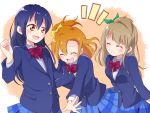  3girls :&gt; :d blue_hair blue_jacket blue_skirt blush bow bowtie collared_shirt dark_blue_hair eyebrows_visible_through_hair furrowed_eyebrows highres jacket kousaka_honoka light_brown_hair long_sleeves looking_at_another love_live! love_live!_school_idol_project minami_kotori multiple_girls one_side_up open_mouth orange_eyes orange_hair otonokizaka_school_uniform plaid plaid_skirt quriltai red_bow red_neckwear round_teeth school_uniform shirt skirt smile sonoda_umi straight_hair teeth white_shirt 