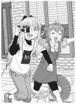  2girls :d ^_^ ahoge air_conditioner akaza_akari arm_up blinds blush_stickers border bow brick_wall building camera clenched_hand closed_eyes closed_eyes collared_shirt cross-laced_footwear double_bun dress dutch_angle eyebrows_visible_through_hair facing_viewer greyscale hair_between_eyes hair_bow hair_ornament hand_up leg_lift leggings long_hair long_sleeves looking_at_viewer monochrome multiple_girls open_mouth outdoors pants pinafore_dress raised_eyebrow running shirt shoes short_hair short_over_long_sleeves short_sleeves smile sneakers stairs star star_print tareme toshinou_kyouko uuo white_border window wing_collar yuru_yuri |d 