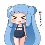  &gt;_&lt; 1girl :d bangs bare_arms bare_shoulders blue_hair blue_swimsuit blush breasts chibi closed_eyes collarbone covered_navel double_bun eyebrows_visible_through_hair facing_viewer gluteal_fold goo_girl half_slime-chan hana_kazari long_hair monster_girl name_tag old_school_swimsuit one-piece_swimsuit open_mouth original school_swimsuit side_bun simple_background small_breasts smile solo swimsuit translated very_long_hair white_background xd 