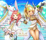  2girls absurdres animal_ears arm_up artist_request balloon black_gloves blonde_hair braid breasts brown_hair castanic_(tera) cleavage clouds dark_skin dress elin_(tera) fingerless_gloves flower gloves hair_flower hair_ornament highres horns jumping legs_up long_hair mary_janes multiple_girls official_art open_clothes open_dress open_mouth outdoors petals pink_eyes pointy_ears ponytail rabbit_ears rainbow shoes short_dress short_shorts shorts sky smile stairs tera_online thigh-highs twin_braids twintails v wallpaper white_dress white_gloves white_legwear yellow_eyes 
