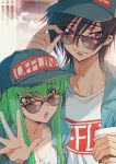  1boy 1girl :o baseball_cap black_hair blue_jacket breasts c.c. carrying cleavage closed_mouth clothes_writing code_geass creayus cup eyebrows_visible_through_hair green_hair hand_up hat holding holding_cup jacket lelouch_lamperouge long_hair looking_at_viewer medium_breasts princess_carry smile sunglasses violet_eyes waving yellow_eyes 