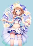  1girl angel angel_wings bangs bare_arms bare_shoulders blue_background blue_eyes blue_flower blue_rose blush closed_mouth commentary_request copyright_request crop_top eyebrows_visible_through_hair feathered_wings flower halo head_tilt highres leg_garter light_brown_hair long_hair midriff momoshiki_tsubaki navel pleated_skirt purple_flower rose shirt skirt sleeveless sleeveless_shirt smile solo virtual_youtuber white_flower white_shirt white_skirt white_wings wings 
