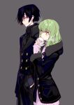 1boy 1girl bangs baozi black_hair black_jacket breath c.c. code_geass couple creayus eating enpera fingernails food from_side fur_trim gloves green_hair grey_background grey_gloves hand_holding hand_in_another&#039;s_pocket holding holding_food hood hood_down jacket lelouch_lamperouge long_hair long_sleeves looking_at_another m nail_polish pink_nails pink_sweater scarf simple_background smile standing sweater violet_eyes yellow_eyes 