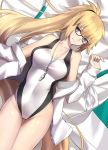  1girl bespectacled blonde_hair blue_eyes breasts cleavage commentary_request competition_swimsuit covered_navel dutch_angle eyebrows_visible_through_hair fate/grand_order fate_(series) from_above glasses hair_between_eyes hairband high_ponytail highres jacket jeanne_d&#039;arc_(fate) jeanne_d&#039;arc_(fate)_(all) jeanne_d&#039;arc_(swimsuit_archer) large_breasts long_hair looking_at_viewer lying on_back one-piece_swimsuit open_clothes open_jacket ponytail shiguru slit_pupils smile swimsuit thigh_gap thighs very_long_hair white_jacket 