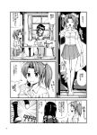  3girls :d :t =3 ahoge apron barefoot blush bowl braid chestnut_mouth chopsticks closed_eyes comic curtains cushion dress_shirt eating emphasis_lines eyebrows_visible_through_hair food hair_ribbon highres holding holding_bowl holding_chopsticks indoors isonami_(kantai_collection) kagerou_(kantai_collection) kantai_collection kneeling looking_to_the_side monsuu_(hoffman) motion_lines multiple_girls notice_lines one_eye_closed open_mouth page_number partially_undressed pillow plate pleated_skirt pot profile ribbon running sailor_collar school_uniform serafuku shirt shoes short_sleeves sitting skirt sliding_doors smile socks speech_bubble steam table translation_request twin_braids twintails untied upside-down_bowl uwabaki window 
