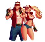  1boy 1girl bangle baseball_cap belt blonde_hair blue_eyes bracelet cropped_jacket cropped_legs denim denim_shorts dual_persona fatal_fury fingerless_gloves gloves hat jewelry long_hair muscle navel ponytail rhydwyn shorts terry_bogard the_king_of_fighters unzipped 