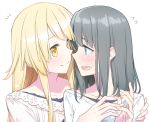  2girls bang_dream! black_hair blonde_hair blue_eyes blush face-to-face hand_on_another&#039;s_shoulder long_hair looking_at_another multiple_girls okusawa_misaki sakuraba_yuuki short_hair smile tsurumaki_kokoro upper_body white_background yellow_eyes yuri 