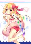  1girl :p absurdres ass bare_arms bare_legs bare_shoulders barefoot beads bikini blush bow commentary_request crystal eyebrows_visible_through_hair feet_out_of_frame flandre_scarlet food from_behind hair_beads hair_between_eyes hair_bow hair_ornament hairclip halterneck highres holding holding_food ice_cream ice_cream_cone innertube leg_up long_hair looking_at_viewer looking_back no_hat no_headwear red_bikini red_bow ruhika seashell_hair_ornament side-tie_bikini side_ponytail silhouette smile solo star starry_background swimsuit thighs tongue tongue_out touhou white_background wings x_hair_ornament 