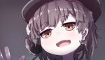  1girl :d absurdres beret black_hat black_ribbon blush brown_eyes brown_hair commentary_request face fangs grey_background hair_ribbon hand_up hat hatoba_tsugu hatoba_tsugu_(character) head_tilt highres looking_at_viewer mole mole_under_eye open_mouth portrait ribbon smile solo virtual_youtuber wada_kazu 
