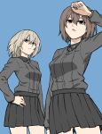  2girls black_skirt blue_background brown_eyes brown_hair cowboy_shot from_below girls_und_panzer hand_on_hip highres itsumi_erika kuromorimine_military_uniform looking_at_viewer looking_down miniskirt multiple_girls nishizumi_maho parted_lips pleated_skirt silver_hair simple_background skirt tuskryo 