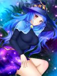  1girl black_hair blue_capelet blue_hair blue_sky breasts capelet earrings galaxy_print gigamessy grass hat_ornament jewelry large_breasts long_hair lying on_side original outdoors plant purple_skirt red_eyes skirt sky smile solo star star_earrings very_long_hair witch 