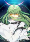  1girl bangs breasts c.c. code_geass creayus eyebrows_visible_through_hair floating_hair geass green_hair long_hair long_sleeves looking_at_viewer m medium_breasts sidelocks upper_body wide_sleeves yellow_eyes 