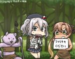  2girls akigumo_(kantai_collection) animalization beret brown_hair cat commentary_request dated epaulettes forest green_eyes grey_eyes grin hair_ribbon hamu_koutarou hat kantai_collection kashima_(kantai_collection) kerchief long_hair multiple_girls nature polearm ponytail ribbon sarong silver_hair sketchbook smile spear tama_(kantai_collection) tearing_up trembling very_long_hair wavy_hair weapon 