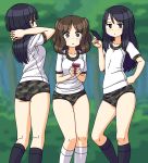  3girls :&lt; black_eyes black_hair black_legwear blurry blurry_background breasts brown_eyes brown_hair buruma camouflage camouflage_trim cellphone closed_mouth collarbone flat_chest gym_shirt half-closed_eyes hand_on_hip holding holding_phone interlocked_fingers kneepits long_hair looking_at_viewer maruput medium_breasts medium_hair multiple_girls original outdoors phone shirt short_sleeves smartphone socks tree two_side_up white_legwear white_shirt 