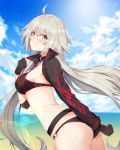  1girl ahoge ass bangs beach bikini black_gloves blush breasts clouds cropped_jacket fate/grand_order fate_(series) gloves hair_between_eyes jacket jeanne_d&#039;arc_(alter_swimsuit_berserker) jeanne_d&#039;arc_(fate)_(all) lens_flare long_hair looking_at_viewer medium_breasts o-ring o-ring_bottom ocean open_clothes open_jacket outdoors silver_hair sky solo soya_(torga) standing swimsuit very_long_hair wind yellow_eyes 
