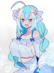  +_+ 1girl :o ahoge aqua_hair blue_eyes blue_skirt blush braid breasts cleavage creatures_(company) game_freak gen_7_pokemon hair_between_eyes hair_ornament large_breasts midriff_peek nintendo personification pokemon primarina skirt solo standing star star_hair_ornament twin_braids upper_body yuzu_ichika 