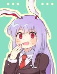  ... 1girl @_@ animal_ears bangs blue_background breast_pocket brown_jacket collared_shirt covering_mouth ear_down eyebrows_visible_through_hair hand_over_own_mouth hand_up jacket long_hair looking_at_viewer necktie open_mouth pocket purple_hair rabbit_ears red_eyes red_neckwear reisen_udongein_inaba sasa_kichi shirt solo sweat sweatdrop sweating_profusely touhou upper_body white_shirt wide-eyed wing_collar 