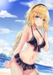  1girl akaya_(pixiv20545353) bangs bare_arms bare_shoulders beach bikini black_bikini black_hairband blonde_hair blue_eyes blue_sky blush braid breasts cleavage clouds collarbone commentary_request day dutch_angle eyebrows_visible_through_hair fate/grand_order fate_(series) front-tie_bikini front-tie_top groin hair_between_eyes hairband hand_up highres jeanne_d&#039;arc_(fate)_(all) jeanne_d&#039;arc_(swimsuit_archer) long_hair looking_at_viewer medium_breasts navel ocean outdoors parted_lips sand sky smile solo standing swimsuit very_long_hair water 