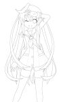 1girl gabriel_evangel greyscale hat lineart long_hair monochrome nepgear neptunia_(series) non-web_source one_eye_closed open_mouth sketch smile solo thighhighs