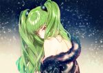  1girl 2018 alternate_hairstyle bangs blush c.c. code_geass covered_mouth creayus eyebrows_visible_through_hair fur_trim green_hair long_hair looking_at_viewer m no_bra off_shoulder petals solo twintails upper_body yellow_eyes 